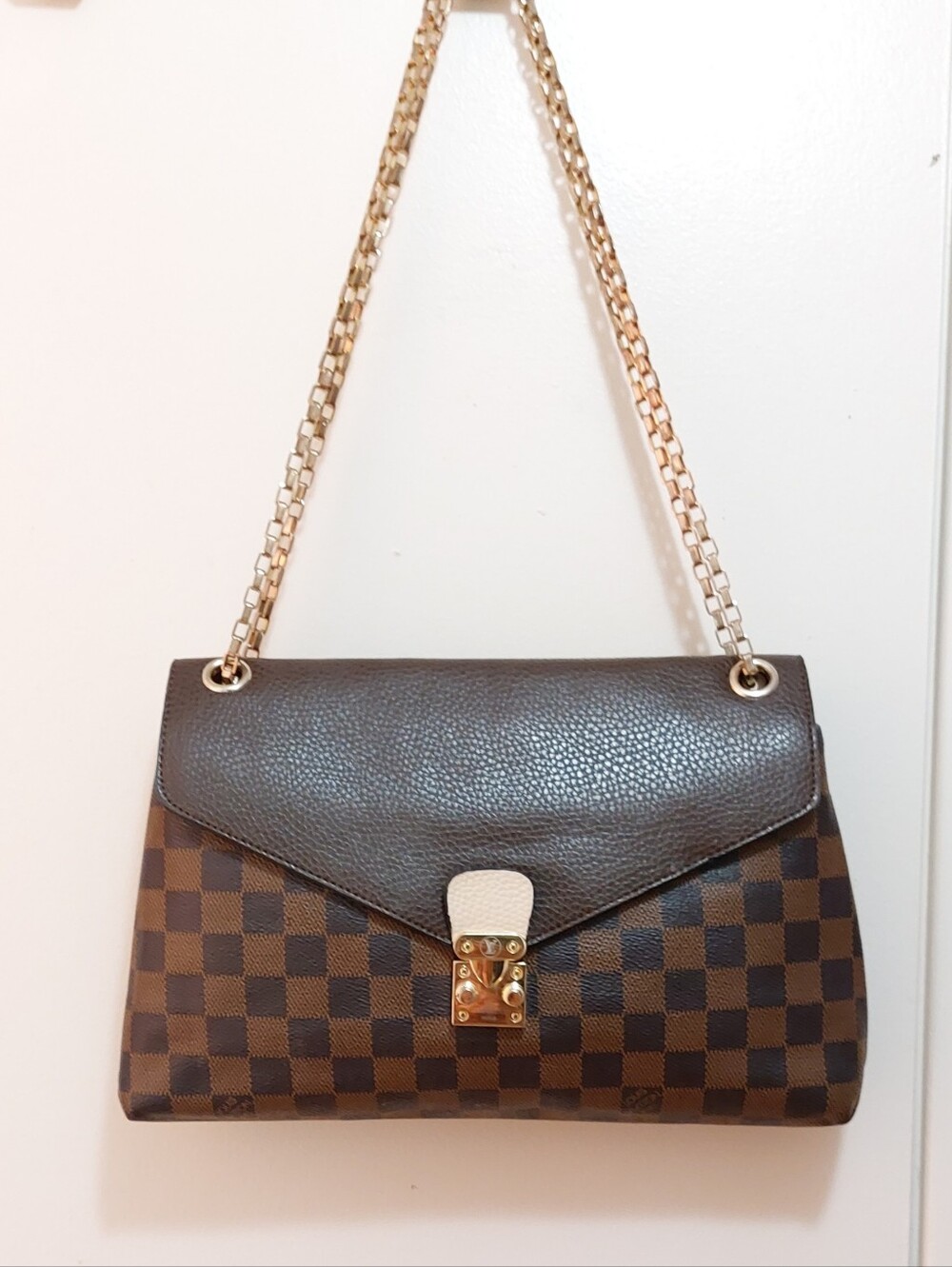 Louis Vuitton Brown Checker Board Bag With Brown Leather Front Flap Snap Closure